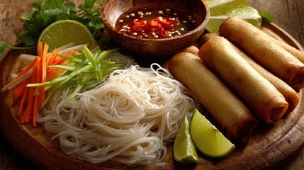 Freshly Prepared Spring Rolls: Capture the vibrant textures and flavors of this mouthwatering dish. Golden-brown spring rolls alongside rice noodles and a dipping sauce.