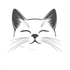 Obraz premium Minimalist cat face with closed eyes and whiskers on white background, isolated design element for logos, prints, and creative projects.