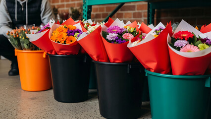 Vibrant Mixed Flower Bouquets Wrapped In Red Paper Standing In Colorful Buckets Ready For Retail Sale
