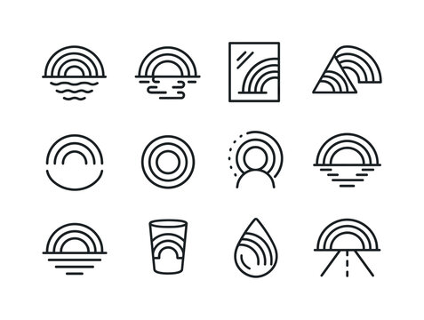 Rainbow Reflection Icons. Rainbow reflections. Line icon set of Rainbow reflections: lake reflection, rainbow in water, mirror rainbow, prism arc, fogbow icon,