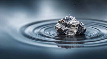 Ripple Effect: A single stone, suspended in time, disrupts the tranquil surface of water, creating a mesmerizing dance of concentric ripples and representing impact and transformation.