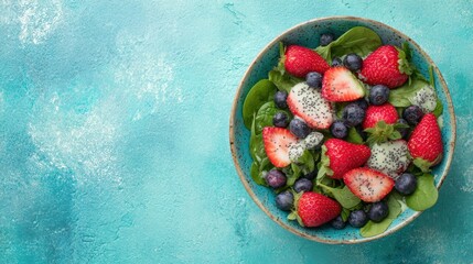 Vibrant Fruit Salad: A colorful and inviting fruit salad, featuring juicy strawberries, plump blueberries, and refreshing dragon fruit, arranged artfully in a stylish bowl against a bright background.