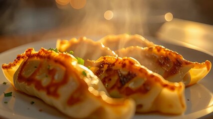 照明の効いた店内で提供される焼き餃子が並ぶ飲食店の料理シーン