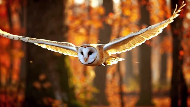 close-up cinematic shot of a barn owl gliding autumn forest, wings fully extended, red gold leaves blur past in motion, sunbeams streaming trees feathers, dust pollen particles floating light, 4K HD
