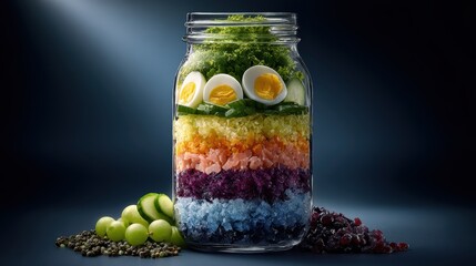 Layered Salad Jar: A visually striking arrangement of fresh ingredients elegantly layered within a glass jar, demonstrating a colorful and appetizing culinary creation.