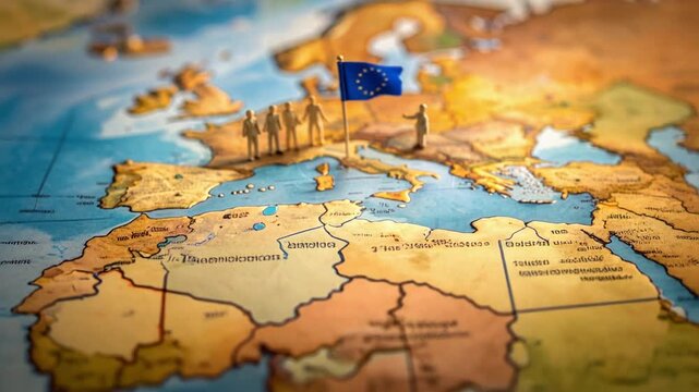 地図上に立つ人形と欧州旗が示すヨーロッパ統合の社会的コンセプト