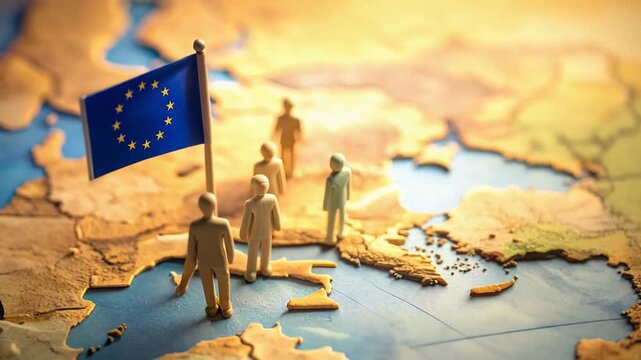 地図と人形で表現された欧州社会のつながりを示す国際的イメージ