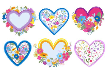 Set of six vector Happy Valentine s Day greeting cards. Colorful hearts with meadow flowers. Romantic sticker collection.