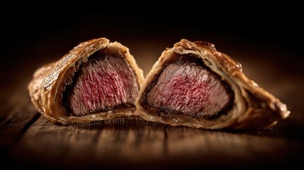 Culinary Delight: A meticulously crafted Beef Wellington, sliced to reveal the succulent interior. The flaky, golden pastry encases a tender, medium-rare steak.