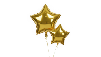 Two Gold Foil Star Shaped Balloons Floating Isolated on White Background for Birthday Anniversary and Party Decorations