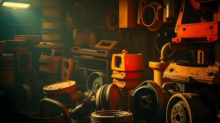 A dark industrial workshop filled with mechanical tools, spare parts, and heavy equipment arranged on shelves, creating a rugged maintenance environment focused on engineering repair and craftsmanship