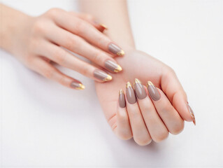 Naklejka premium Woman hands with stylish brown and gold nail polish design on white background transparent background