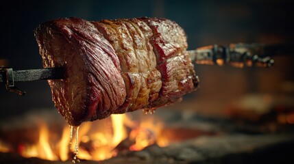 Sizzling Roast: A close-up shot captures a mouthwatering roast cooking over a roaring fire, juices glistening as they drip, emanating warmth and savory aromas.