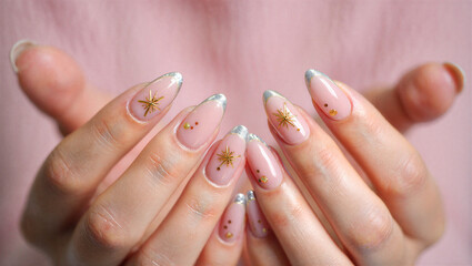 Woman hands with stylish pink and silver nail design and gold stars transparent background © shirajulislam2352