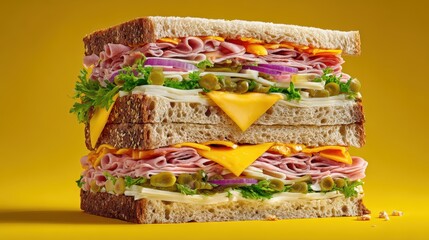 Stacked Sandwich of Delectable Delights: An appealing image captures a sandwich with layers of assorted ingredients. This food composition showcases the elements of taste, texture and aroma.