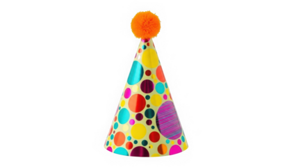 Colorful polka dot party cone hat with bright orange pom pom on white background