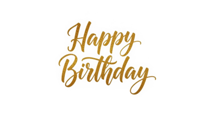 Elegant gold glitter calligraphy script reading happy birthday on white background