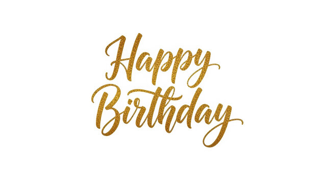 Elegant gold glitter calligraphy script reading happy birthday on white background