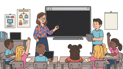Teacher and assistant instruct a diverse group of students in a classroom with a large computer screen