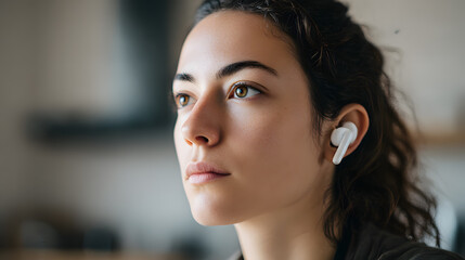 Listening and Contemplating: A focused woman wearing a sleek wireless earbud, lost in thought. She seems to be in a home or office environment.