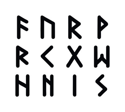 Ancient Rune Icons. Ancient runes. Solid icon set of ancient runes: fehu rune, uruz rune, thurisaz rune, ansuz rune, raidho rune, kenaz rune, gebo rune, wunjo