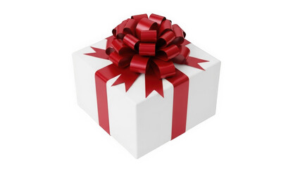 Elegant White Gift Box Wrapped with a Large Ornate Red Satin Ribbon and Bow