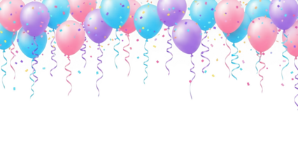 Header Border of Pastel Pink, Purple, and Blue Balloons with Colorful Confetti