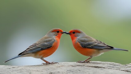 Fototapeta premium Two colorful songbirds with orange breasts and gray wings perched on wooden branch, appearing to touch beaks in romantic courtship display against blurred nature.