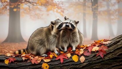 Naklejka premium Two adorable raccoons cuddling together on fallen log surrounded by colorful autumn leaves in misty forest setting for wildlife and seasonal content.