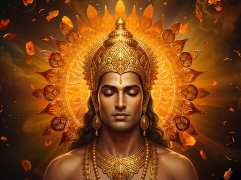 divine golden surya puja god meditating with ornate sun halo and falling petals for surya shashti ratha saptami and bhanu saptami festivals