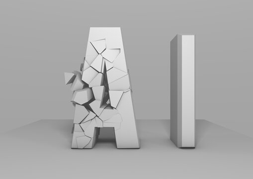 The white letters "Artificial Intelligence" are broken into small fragments. 3D render illustration.
