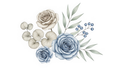 Elegant Floral Arrangement of Blue and White Roses with Eucalyptus Leaves and Berries
