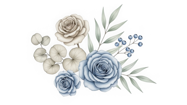 Elegant Floral Arrangement of Blue and White Roses with Eucalyptus Leaves and Berries - Powered by Adobe
