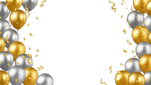 Festive Frame Background with Gold and Silver Balloons and Falling Confetti