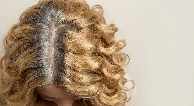 Blonde curly hair with gray roots showing natural hair growth and aging process on neutral background for beauty and haircare concepts.