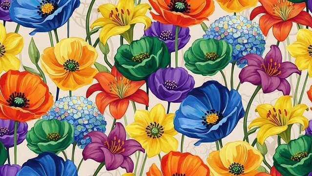 A vibrant and colorful floral pattern with various blooming flowers