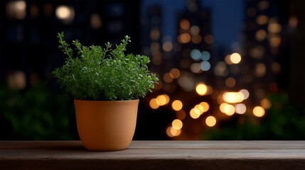 Naklejka premium Cozy Nighttime Balcony Scene with City Lights Bokeh and Calm Urban Atmosphere 