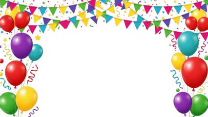 Colorful Birthday Celebration Frame with Bright Balloons Bunting Flags and Confetti on White Background for Greeting Cards