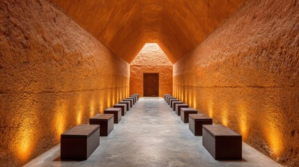 Corridor of Contemplation: An elongated corridor crafted from warm, earthy tones, leading to a gateway of light. Evoking a sense of tranquil, peaceful reflection. 