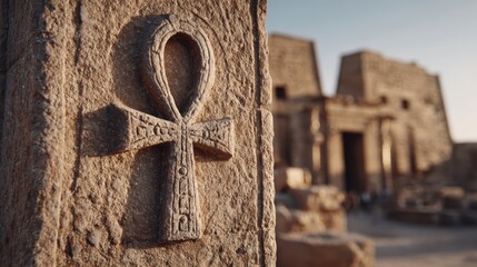 Ancient Symbol of Life: The Ankh, an iconic symbol of life and immortality, is intricately carved into weathered stone, with ancient architecture. it is a timeless message of life and legacy.