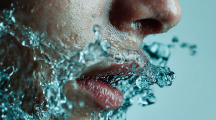 Fototapeta premium A clean, long exposure shot of the clean, fluid movement of water drops (smooth blur) splashing around a clean, simple, perfect face (abstract purity), refreshment, pure