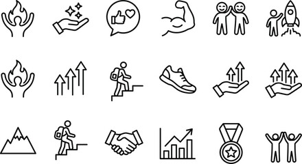 Obraz premium Motivation success line icons set achievement growth teamwork strength progress goals inspiration business performance flat outline vector illustration collection