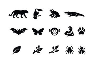 Obraz premium Jungle Wildlife Icons. Jungle wildlife. Solid icon set of jungle wildlife: jaguar silhouette, toucan silhouette, tree frog, crocodile silhouette, bat