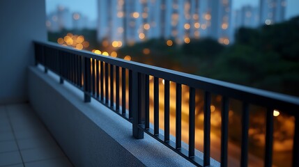 Naklejka premium Cozy Nighttime Balcony Scene with City Lights Bokeh and Calm Urban Atmosphere 