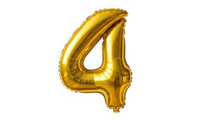 Shiny Gold Foil Balloon Number 4 Isolated on White Background for Birthday Anniversary or Fourth Year Milestone Celebration
