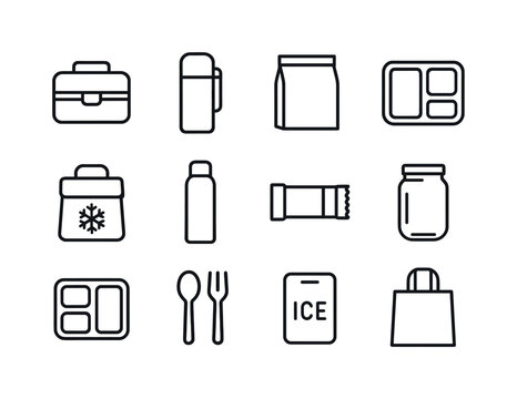 Portable Meals Icons. Portable meals. Line icon set of Portable meals: lunchbox, thermos bottle, snack bag, meal prep container, insulated bag, travel bottle,