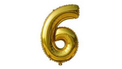 Large gold foil balloon shaped like the number six for milestone celebration isolated on white