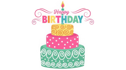 Illustrated three tier colorful birthday cake with happy birthday text and one candle