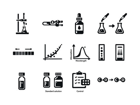 Analytical Chemistry Icons. Analytical chemistry. Solid icon set of Analytical chemistry: titration setup, burette clamp, indicator bottle, color change icon,
