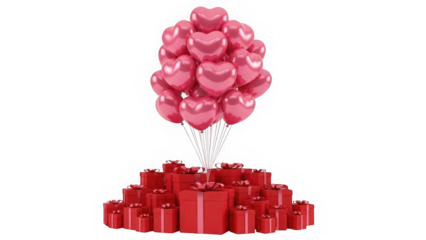 Bundle of pink heart shaped balloons floating above a large pile of red gift boxes